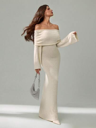 SHEIN Tall Women's Plain Long Sleeve Off The Shoulder Knit Dress For Fall In Elegant White Off The Shoulder Maxi Dress Sweater Dresses For Women Long Sleeve Maxi Dress Knit Maxi Dress Long Dress With Sleeves