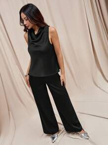 SHEIN PETITE بدلة نسائية بلون موحد بياقة عالية بدون أكمام وبنطال، للنساء الصغيرات - الأسود - مشاهدة 7