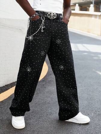 Street Life Jeans larghi casual di moda con tasche impreziosite da cristalli per uomo