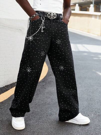 Street Life Jeans décontractés amples à jambes larges pour hommes avec poches ornées de strass, mode casual