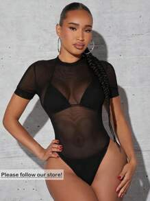 SHEIN SXY Summer Solid Sheer Mesh Bodysuit Without Lingerie Set - Black - View 8