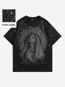 ROMWE MEN Street Life Camiseta de manga corta para hombres con gráfico de Madre Santísima y bordado de rhinestones, adecuada para uso diario en primavera/verano