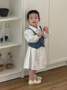 SHEIN Baby Girl Fashion Denim Overall Outfit With Shirt Dress And Vest, Suitable For Daily Wear, Casual Activities - Multicolor - View 3