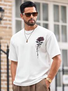 Mainfolk Men's Waffle Knit T-Shirt,Rose 'California' Graphic White,Summer,Streetwear,City Break Relaxed Fit Tee,Elevated Graphic Short Sleeve Oversized Top - White - View 7