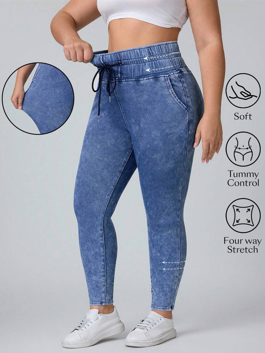 SHEIN PETITE CURVE Damen Große Größen Jeans mit Tunnelzug Taille, Taschen und schlanker Passform, vielseitig einsetzbar