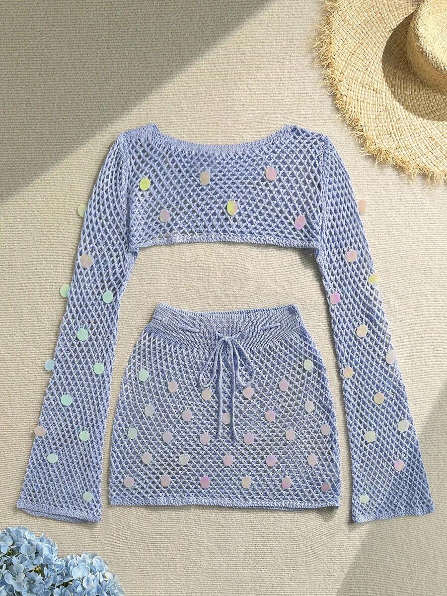 Soleia Bộ 2 món váy hở lưng đan móc hở lưng thêu kim sa lấp lánh phong cách ngày lễ cho nữ - Màu xanh lam - Xem 1