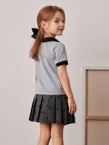 PrepCrw Young Girl Academia Style Color Block V-Neck Short Sleeve Polo Shirts,Summer Career Day Back-To-School Contrast Trim School Uniform Tops - Multicolor - View 2