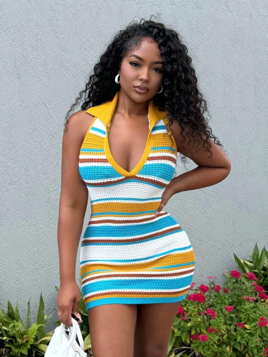 Alexandranx Colorful Polo Collar Short Dress, Minimalist Fashion Suitable For Summer - Multicolor - View 1