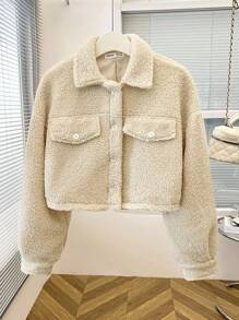 SHEIN Teen Girls Solid Color Faux Fur Collar Loose Casual Short Sleeve Cropped Jacket,Plush Teddy Jacket Beige Autumn Y2k Farewell Back-To-School - Khaki - View 3