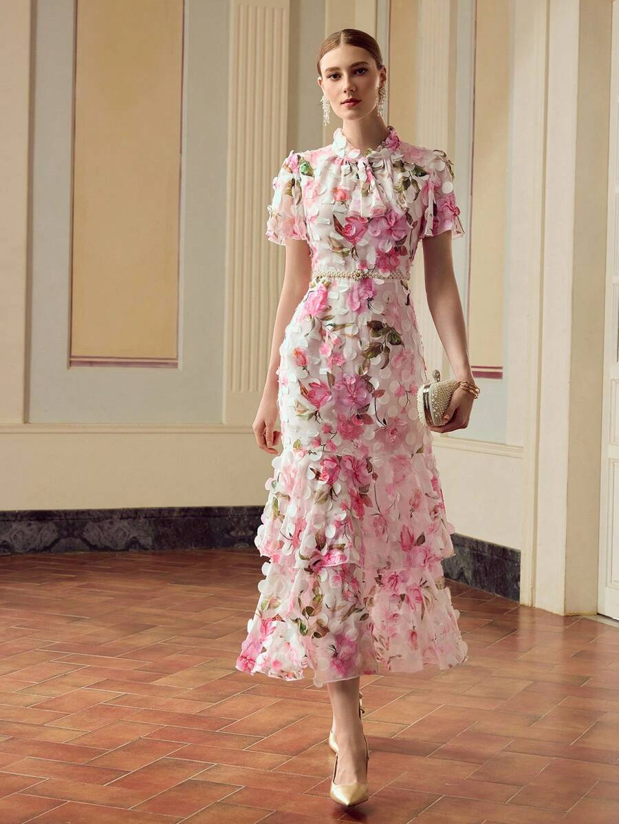 ZEYLAH 女式优雅花卉印花立领飘袖层叠下摆连衣裙，夏季度假风格 - 粉色 - 查看 1