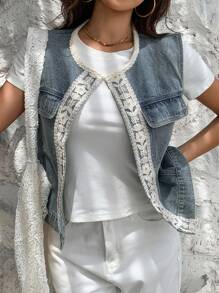 Livesso Top de tirantes sin mangas de mezclilla azul lavada con cuello redondo, ropa de otoño para mujer