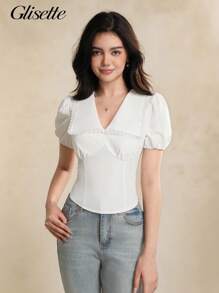 Teenagers (Girls) Casual Elegant Blouse, Peter Pan Collar V-Neck White Shirt With Puff Sleeves And Waist Cinched White Tops For Women Women Blouses Teen Blouses Fancy White Tops Puff Sleeve Tops