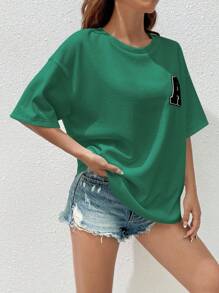 SHEIN EZwear Letter Patched Drop Shoulder Tee - Green - View 4