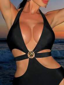 Swim SXY Maillot de bain une pièce noir orné de coquillages métalliques sexy, tenue de plage pour femmes - Noir - Voir 3