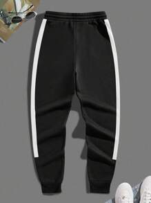 Manfinity Homme 大码男士松紧腰口袋撞色休闲运动裤 - 黑與白 - 查看 2