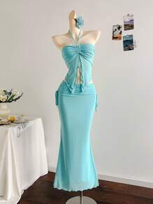 Soleia New Vacation Western Beach Wedding Guest Attire, Graduation Brunch, St. Patrick's Day, Spring Break, Easter, Music Festival, Elegant Bohemian Tropical Strapless Sleeveless Blue Mesh Ruffle Hem Two Pieces Set Aqua Blue Dress Baby Blue Formal Dress Cruise Dinner Dress Goddess Dress Birthday Dinner Dress - Blue - View 4