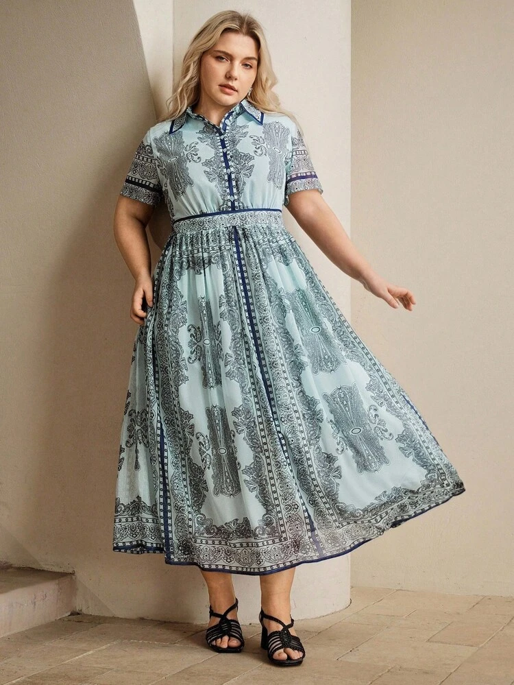 Plus Size Women Summer Floral Print Chiffon Short Sleeve Belted Collared Shirt Dress