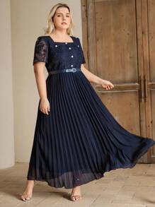 Anewsta Robe de vacances pour femmes grandes tailles élégante, avec patchs en dentelle, manches courtes évasées, plissée en forme A. Printemps/Été - Bleu marine - Voir 5