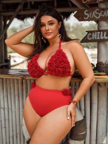 Swim Mod 2pcs Plus Size Women Solid Pink Floral High Waist Triangle Bottoms Minimalist Triangle Cup Bikini Set For Summer Beach Vacation - Red - View 4