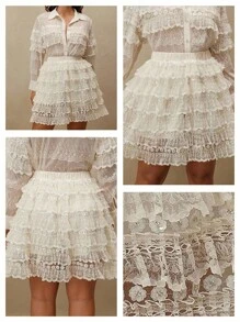 Anewsta Plus Size Heavy Beaded Ruffle Lace Solid Color High Waist A-Line Mini Skirt - Beige - View 8