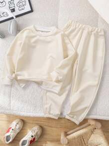 SHEIN Sweat-shirt-shirt col rond 2 en 1 pour jeunes garçons, assorti à un pantalon de sport coordonné. Style casual, tissu doux et confortable, convient pour le port extérieur et scolaire, idéal pour la rentrée scolaire en automne - Multicolore - Voir 1