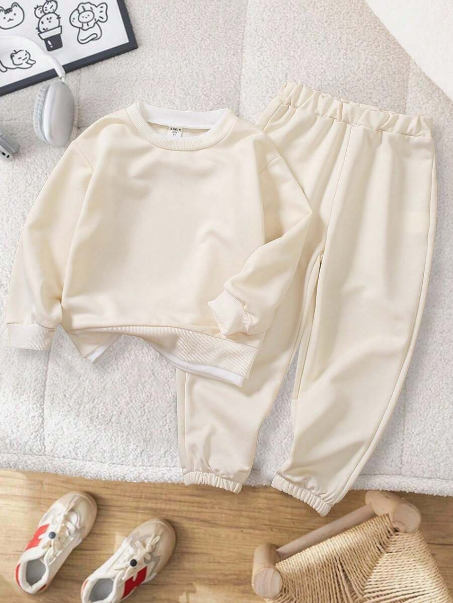SHEIN Sweat-shirt-shirt col rond 2 en 1 pour jeunes garçons, assorti à un pantalon de sport coordonné. Style casual, tissu doux et confortable, convient pour le port extérieur et scolaire, idéal pour la rentrée scolaire en automne - Multicolore - Voir 1