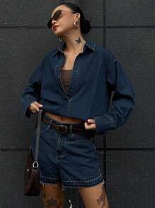 DAZY 2 件套休闲牛仔衬衫和短裤套装，秋季女装 - 深色水洗藍 - 查看 1