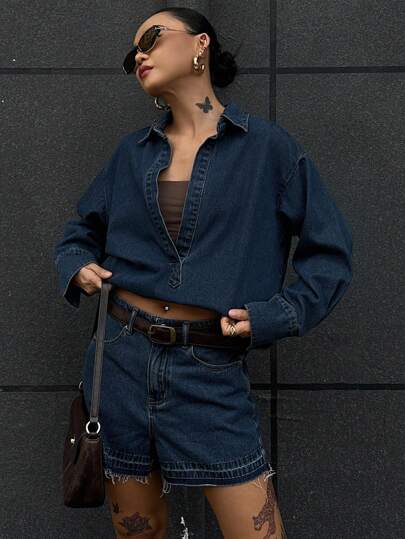 DAZY 2 件套休闲牛仔衬衫和短裤套装，秋季女装