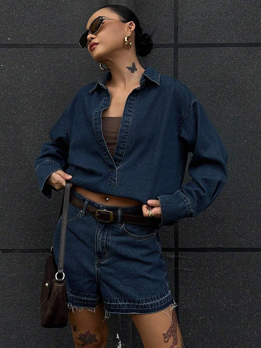 DAZY 2 件套休闲牛仔衬衫和短裤套装，秋季女装 - 深色水洗藍 - 查看 1