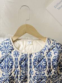 SHEIN 青少年女孩休闲度假花卉植物印花口袋圆领前开长袖夹棉夹克外套 - 藍色 - 查看 4