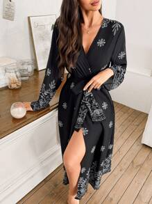 SHEIN Plus Size Women's Casual Floral Retro Print Tie-Wrap Long Robe - Black - View 4