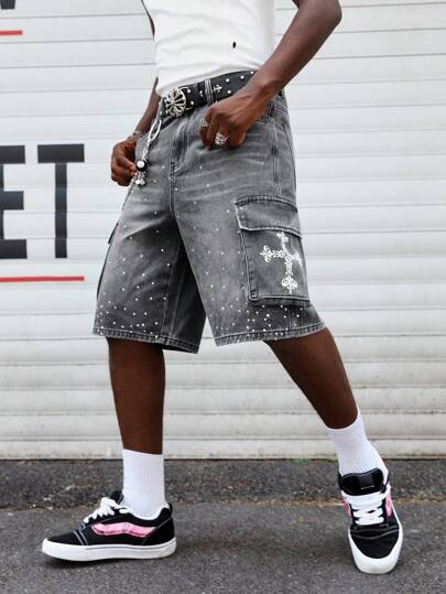 Goth Herren Sommer Lässig Jeans Cargo Shorts mit Strass Verzierung