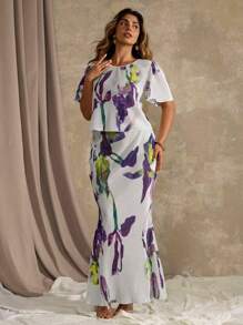 Roveilla 大码优雅休闲花卉印花短袖上衣和鱼尾裙两件套，春夏 - 淡紫色 - 查看 5