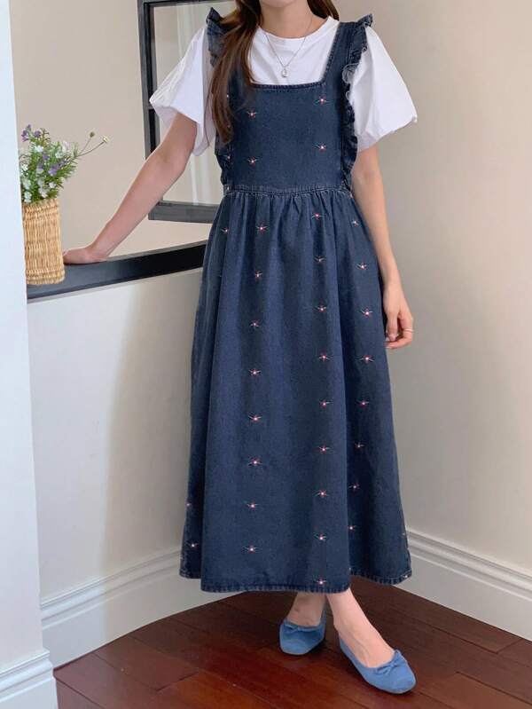 DAZY Floral Embroidery All-Over Flower Design Loose Denim Pinafore Dress, Spring/Summer