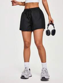 Easithlete Damen Lässig einfarbige Shorts mit Kordelzug an der Taille, lose Workout Shorts, schwarze Athletik Shorts für Damen, schwarze Shorts für Damen, schwarze Workout Shorts für Damen, aktive Shorts, hochgeschnittene schwarze Shorts - Schwarz - Übersicht 1