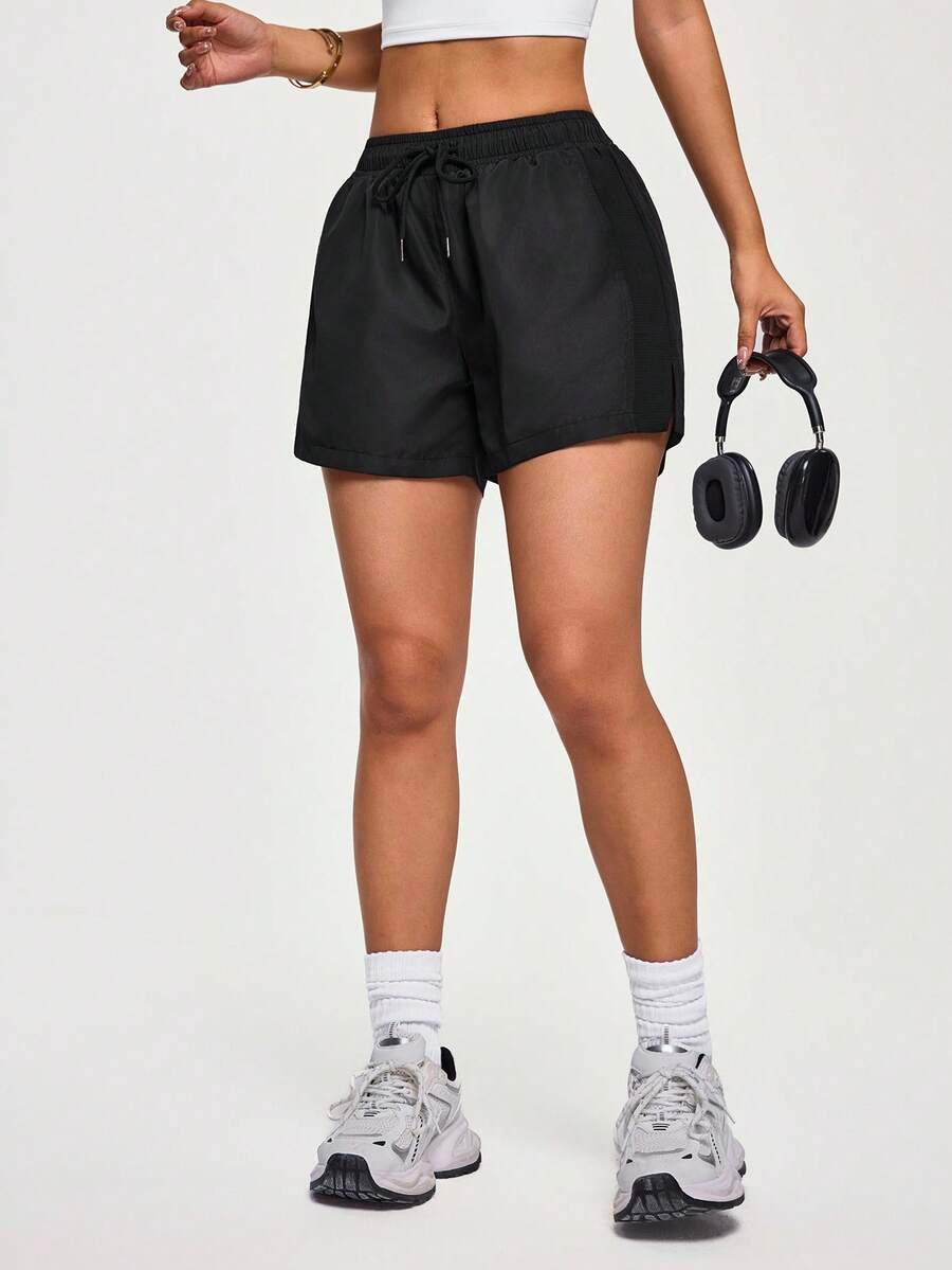 Easithlete Damen Lässig einfarbige Shorts mit Kordelzug an der Taille, lose Workout Shorts, schwarze Athletik Shorts für Damen, schwarze Shorts für Damen, schwarze Workout Shorts für Damen, aktive Shorts, hochgeschnittene schwarze Shorts - Schwarz - Übersicht 1