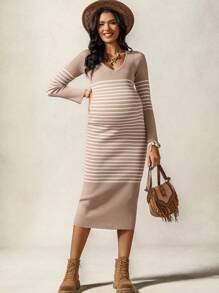 Boho Mama Maternity Stripe V-Neck Long Sleeve Bodycon Knit Dress - Khaki - View 6