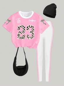 SHEIN 2pcs/Set Girls Casual Floral, Leopard Print & Number 23 Design Short Sleeve T-Shirt + Long Pants Set, Back To School Sporty Outfit Girls Leopard Print Shirt Pink And White Girls Outfit Tween Girls Clothing Set Girls Sporty Outfit Girls Leggings Set Pink And White Outfit For Girls Tween Leggings Summer Holiday - Multicolor - View 3