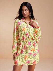 Miriam Omar Light Yellow Summer Floral Printed Viscose Pullover Mini Dress With Button Tie Lantern Sleeve - Multicolor - View 4