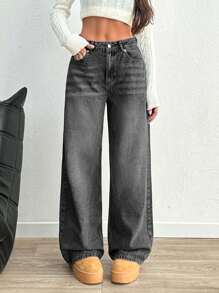 SHEIN Cottnline سراويل جينز نسائية واسعة بساق مستقيمة وجيوب, متعددة الاستخدامات وكاجوال - رمادي غامق - مشاهدة 4