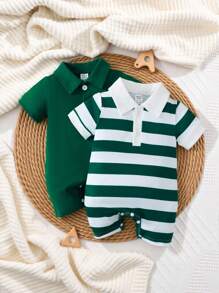 SHEIN 2pcs Cute Casual Color-Block Stripe Collared Short Sleeve Romper With Button-Front And Shorts For Baby Boy - Dark Green - View 1