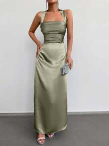 EURMUSE Solid Halter Neck Backless Satin Maxi Dress - Mint Green - View 3