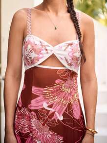 Sunsella Robe longue à imprimé, bretelles, avec nœud et découpe, ajustée, pour l'été, tenue de vacances et de sortie pour femmes