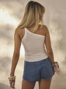 Aralina 夏秋度假海滩度假单肩吊带背心 Y2K 斯德哥尔摩风格街头服饰可爱外出上衣 - 米色 - 查看 2