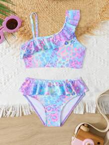 New Leopard Print Full-Width Young Girls Ruffled 2 Pieces Bikini Set - Multicolor - View 1