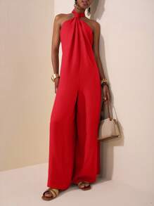 Zivah 2025 Summer New Arrival Music Festival/Easter/Mother's Day/Wedding Season Occasion, Everyday Casual, Vacation, Cruise Travel, Beach, Sunbathing, Fashionable Chic, Elegant Casual Halter Backless Twist Loose Wide Leg Jumpsuit, Red-Brown, For Women - Red - View 7