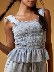 MISSGUIDED 夏季亚麻褶皱两件套休闲套装褶皱阔腿度假海滩装度假服带弹力上衣 - 藍白色 - 查看 6
