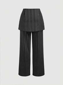 SHEIN MOD Adjustable Buckle Black & White Striped Elegant Suit Skirt Pants For Women