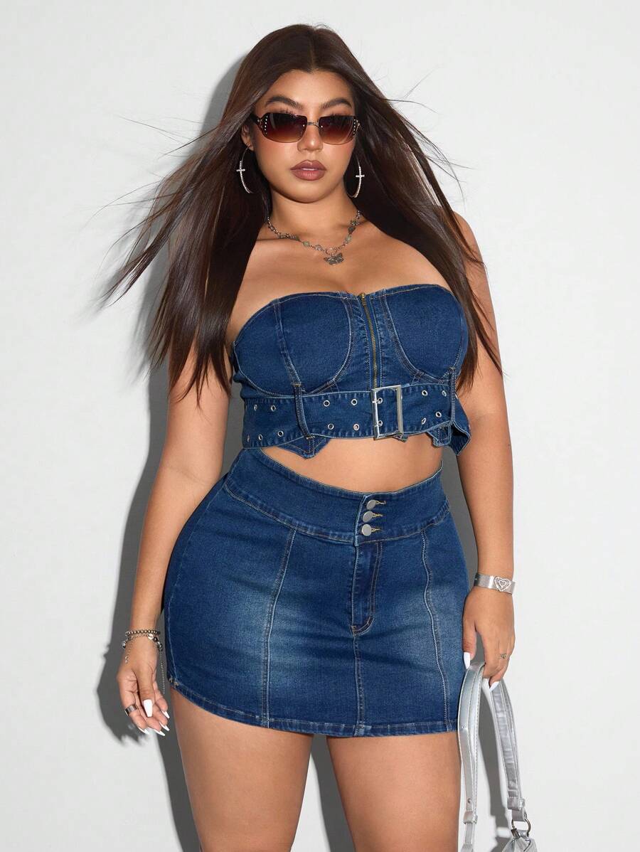 SHEIN ICON Große Größen Sommer Sexy Ausschnitt Bandeau Mini Denim Kleid