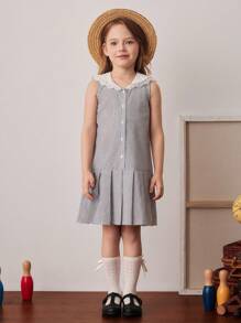 PrepCrw Young Girls Preppy Style Black & White Striped Patchwork Collar Front Button Sleeveless Dress Girls School Uniform School Tops Teen Girl Clothes For School Cute Tops For School Uniform School For Girls Back To School Outfits Girls Back To School Outfit First Day Of School Outfits - Black and White - View 3